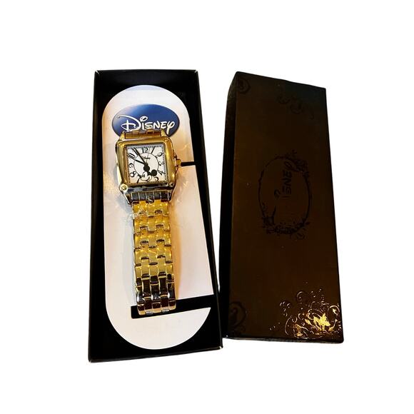 Mickey Mouse Watch Gold Tone, New with Box, New Battery, Square, Bracelet - Picture 1 of 7